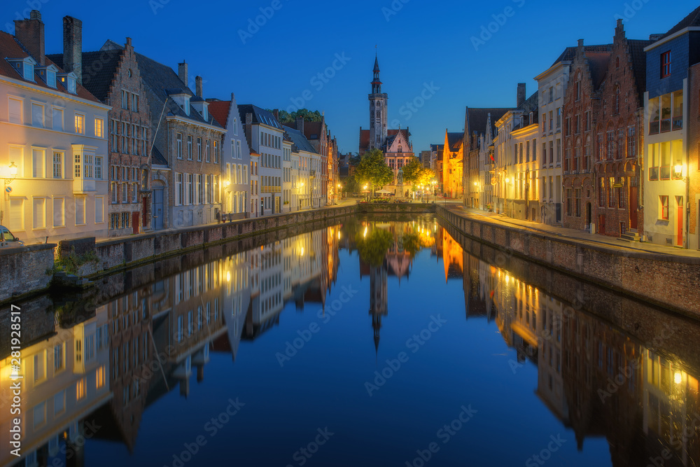 Beautiful city Bruges (Brugge) old town in Belgium at night, Europe