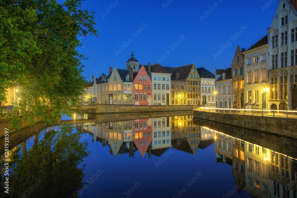 Beautiful city Bruges (Brugge) old town in Belgium at night, Europe