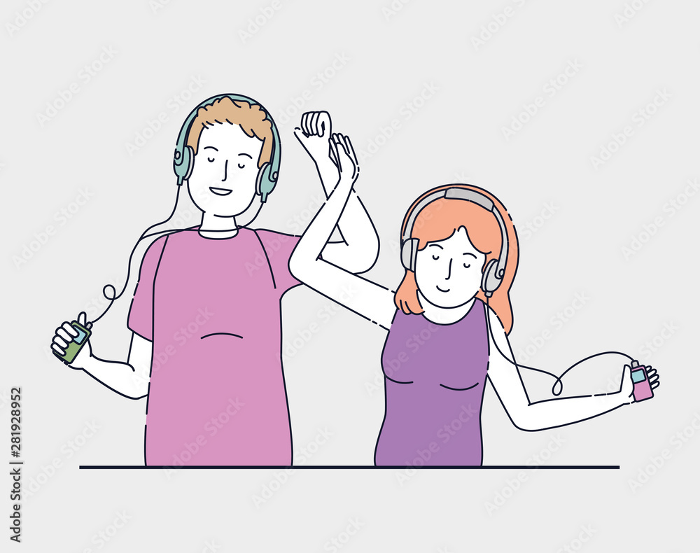 boy and girl with headphones and mp4 technology boy and girl with headphones and mp4 technology