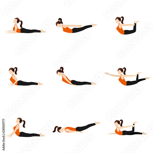 Lying on stomach yoga poses set II/ Illustration stylized woman practicing yoga postures lying on stomach