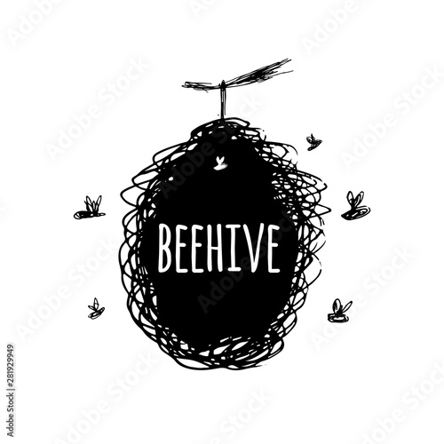 Beehive with bees, sketch, art for your design