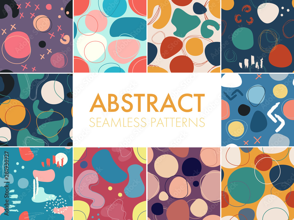 Set of Ten abstract trendy seamless pattern of geometric shapes and elements. Colorful modern seamless pattern Set of Ten abstract trendy seamless pattern of geometric shapes and elements. Colorful modern seamless pattern