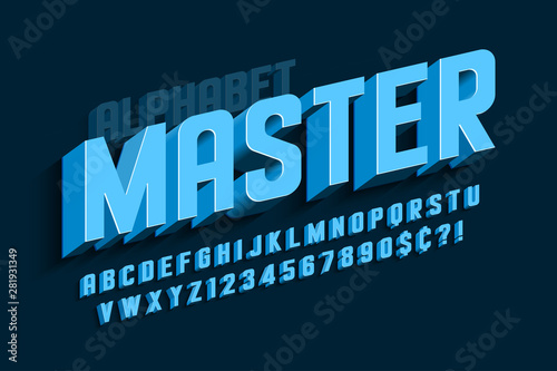 Condensed 3d display font design, alphabet, letters and numbers.