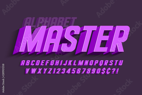 Condensed 3d display font design, alphabet, letters and numbers.