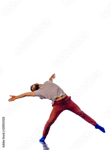 Man is dancing in the studio on a white background