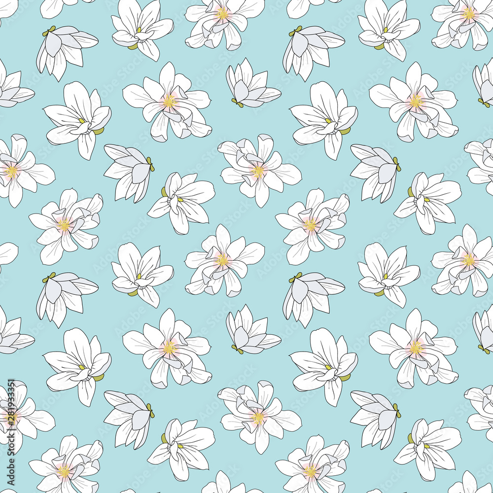 Fototapeta premium White magnolia flowers on blue background seamless pattern design