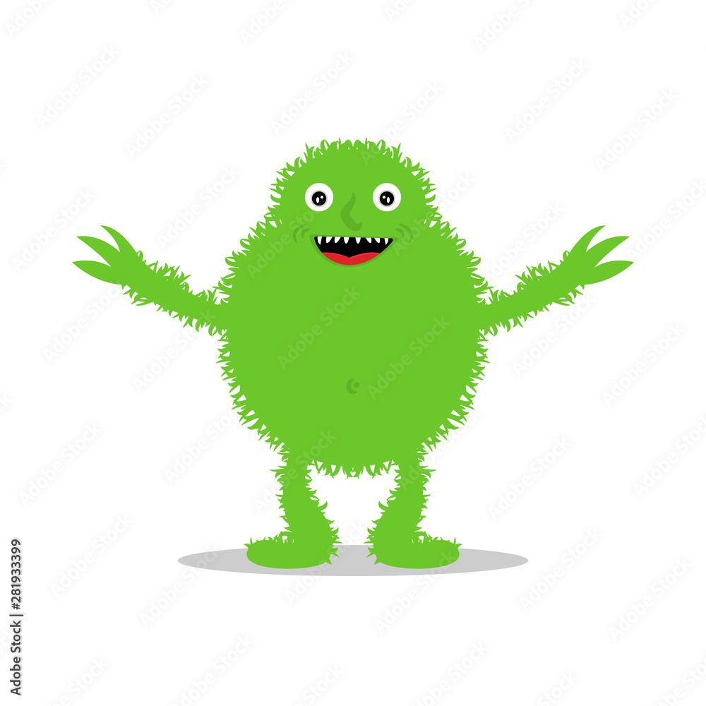 Funny green monster on a white background. Hairy monster, cartoon character stock illustration.