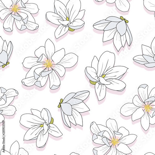 Seamless vector pattern white magnolia flowers illustration