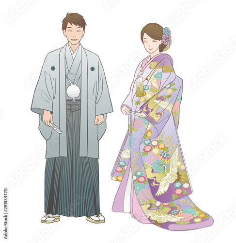 神前結婚式を挙げる夫婦。紋付羽織袴・色打掛（洋髪）。
