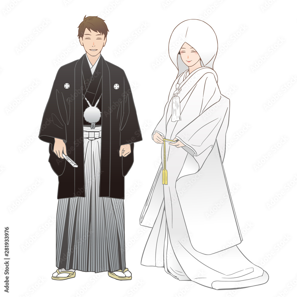 神前結婚式を挙げる夫婦。紋付羽織袴・白無垢（綿帽子）。