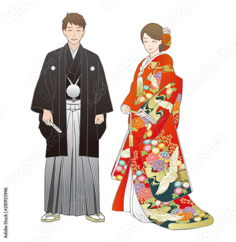 神前結婚式を挙げる夫婦。紋付羽織袴・色打掛（洋髪）。