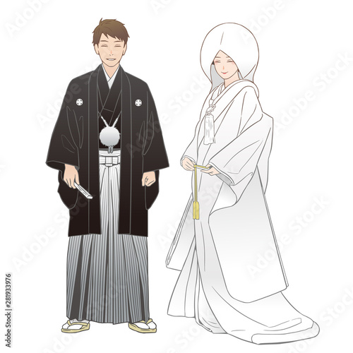 神前結婚式を挙げる夫婦。紋付羽織袴・白無垢（綿帽子）。