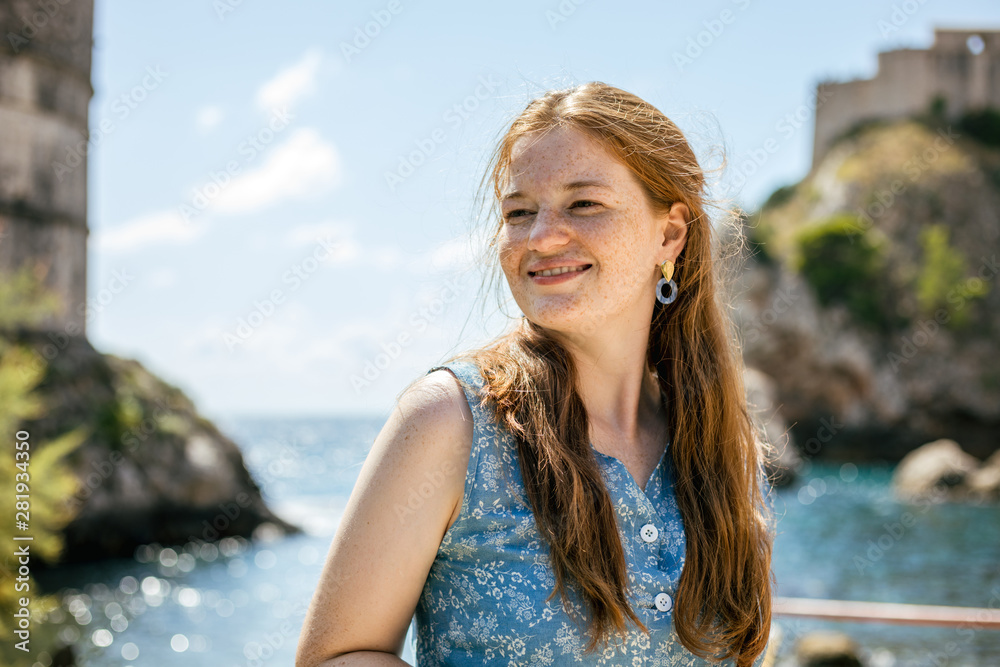 Cute woman in a journey to Dubrovnik, Croatia. Happy travelling Cute woman in a journey to Dubrovnik, Croatia. Happy travelling