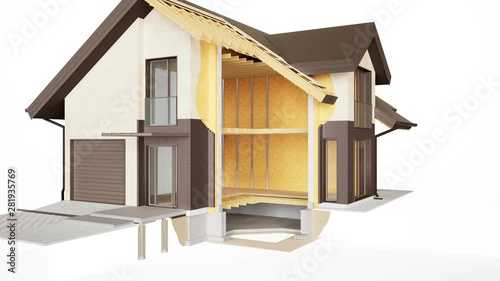 Technical cutaway of house, visible construction of walls, roof and insulation. 60 fps animation.