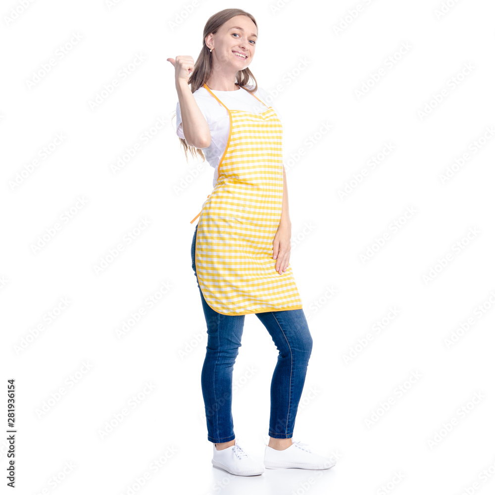 Woman in yellow apron smile showing pointing on white background isolation Woman in yellow apron smile showing pointing on white background isolation