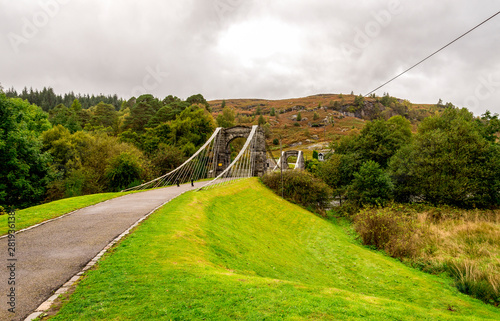 A taper suspension Bridge of Oich entrance near Aberchalder swing bridge, Scottish Highlands