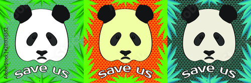 The head of the unfortunate panda and the text save us surrounded by bamboo leaves