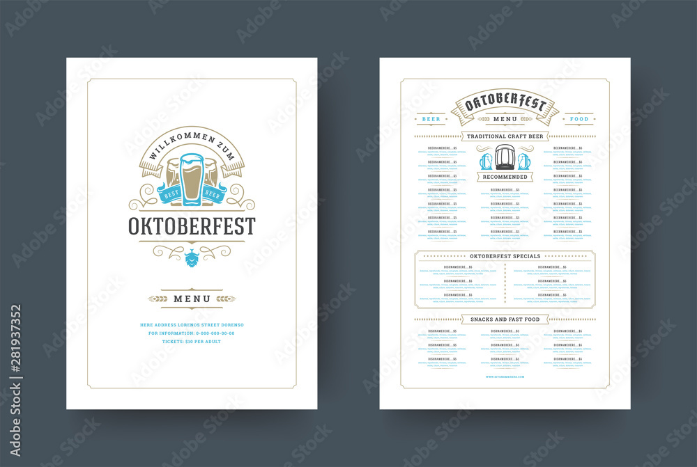 Oktoberfest menu vintage typography template with cover beer festival celebration and label design vector illustration