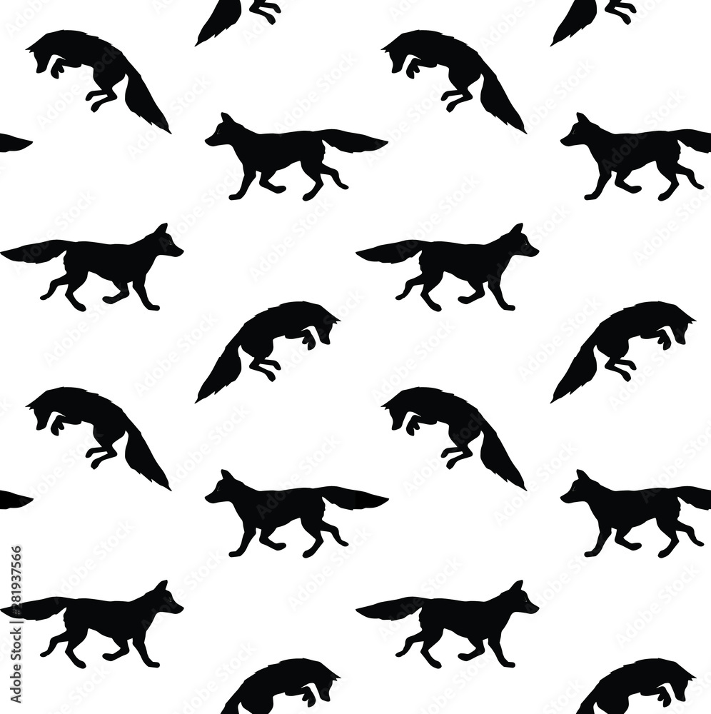 Vector seamless pattern of flat black fox silhouette isolated on white background