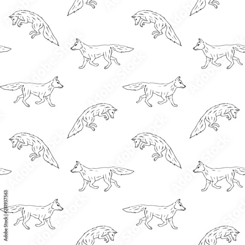 Vector seamless pattern of  black hand drawn sketch doodle fox isolated on white background