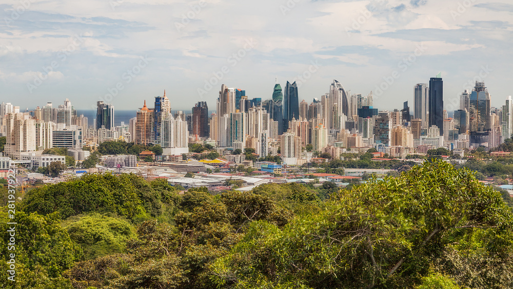 The skyline of Panama City with its modern skyscrapers..