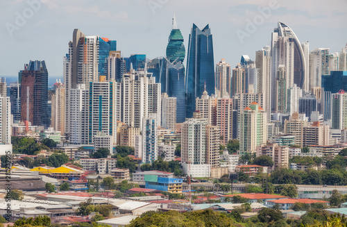 The skyline of Panama City with its modern skyscrapers..