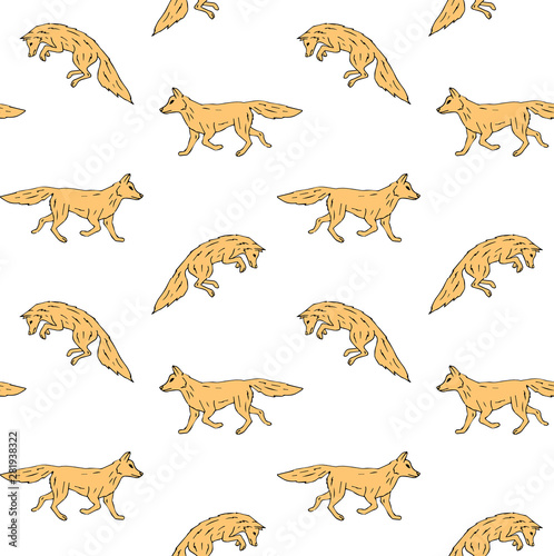 Vector seamless pattern of yellow hand drawn sketch doodle fox isolated on white background
