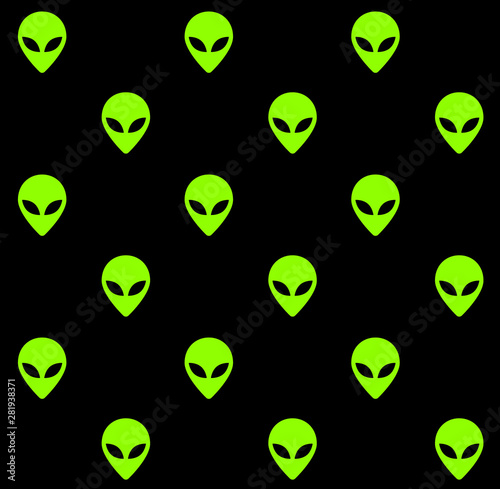 Vector seamless pattern of neon green alien face isolated on black background