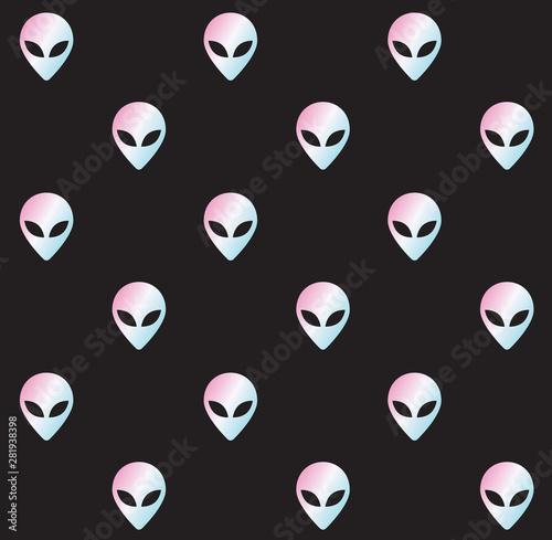Vector seamless pattern of holographic alien face isolated on black background