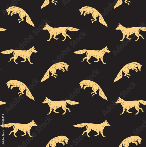 Vector seamless pattern of  yellow hand drawn sketch doodle fox isolated on black background