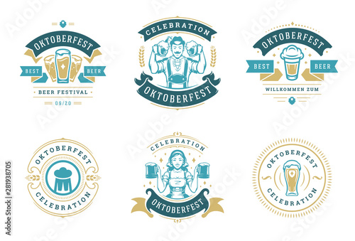 Oktoberfest badges and labels set vintage typographic design templates vector illustration.