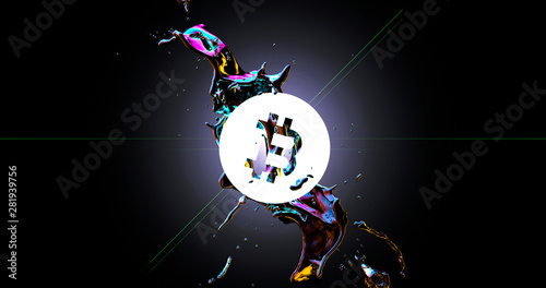 Bitcoin (BTC) Cryptocurrency Symbol Flashes from a Splash of Dark Matter. 3d Rendered Background. Currency Growth Concept. photo