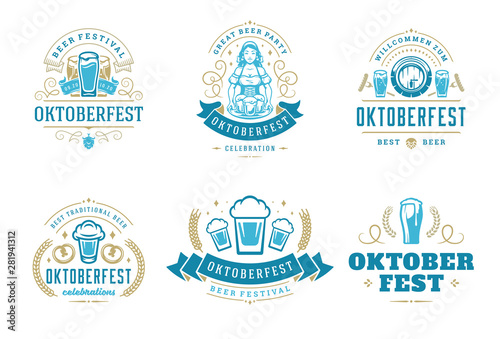 Oktoberfest badges and labels set vintage typographic design templates vector illustration.