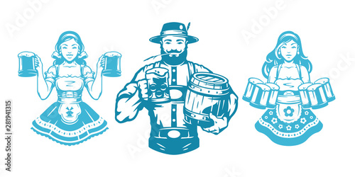 Oktoberfest people man and woman silhouettes in traditional german dress holding beer and food vector illustration