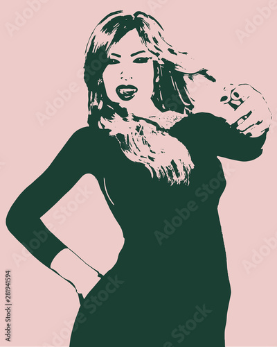 A beautiful female vampire with black eyes, in a black simple dress, licks her lips cruelly and viciously and points with her index finger at the viewer