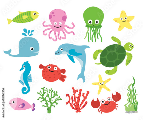Cute vector sea creatures. Set with funny sea animals. Marine life. Ocean wildlife vector illustration.