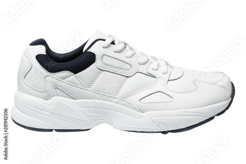 white leather sneakers for sports or for everyday wear, on a white background