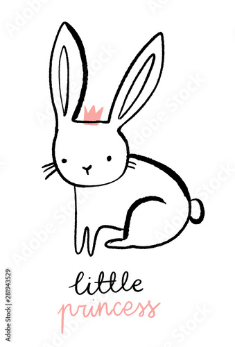 Cute bunny character. Little princess girl illustration. Sweet hand drawn rabbit with a pink crown.  © mgdrachal