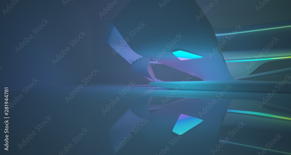 Abstract architectural smooth white interior of a minimalist house with color gradient neon lighting. 3D illustration and rendering.