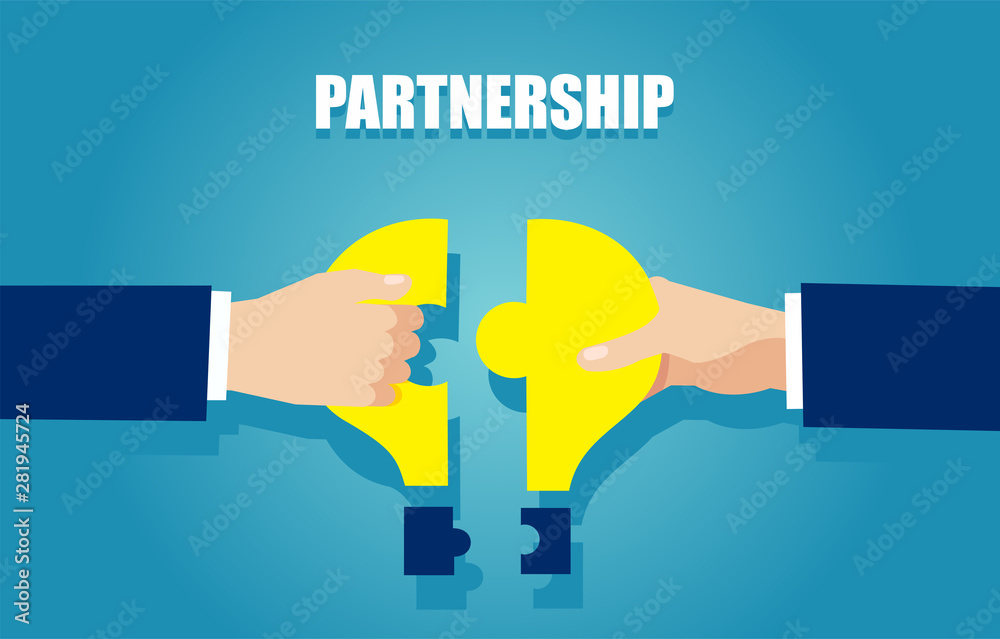Vector of two businessmen bringing together puzzle pieces - obrazy, fototapety, plakaty 