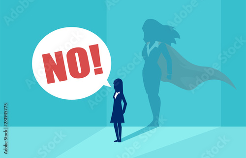 Vector of a business woman with superhero shadow screaming No