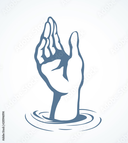 Hand pulls up. Vector drawing.