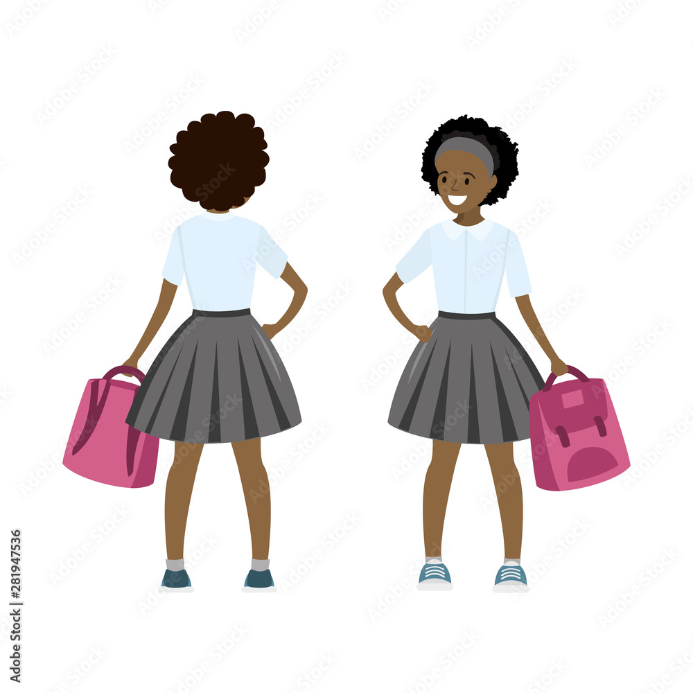 Cartoon african american schoolgirl with school bag,c