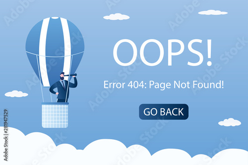 Businessman with spyglass in a hot air balloon,404 error background,