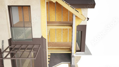 Visible structures, insulation and finishing on cross section of house. Brown bricks. 60 fps animation.