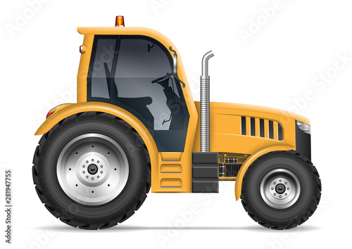 Yellow agricultural tractor with side view isolated on white background. All elements in the groups on separate layers for easy editing and recolor 