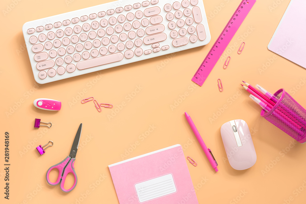 Flat lay, top view office table desk frame. Female workspace with a computer and stationery to pink color on a pastel background. Top view,copy space. Flat lay, top view office table desk frame. Female workspace with a computer and stationery to pink color on a pastel background. Top view,copy space.