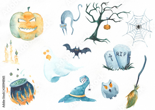 Halloween symbos collection. Cartoon style. Watercolor illustration