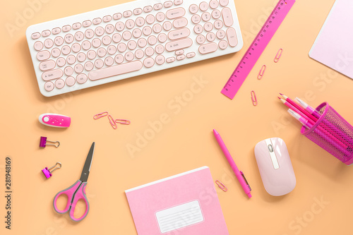 Flat lay, top view office table desk frame. Female workspace with a computer and stationery to pink color on a pastel background. Top view,copy space.