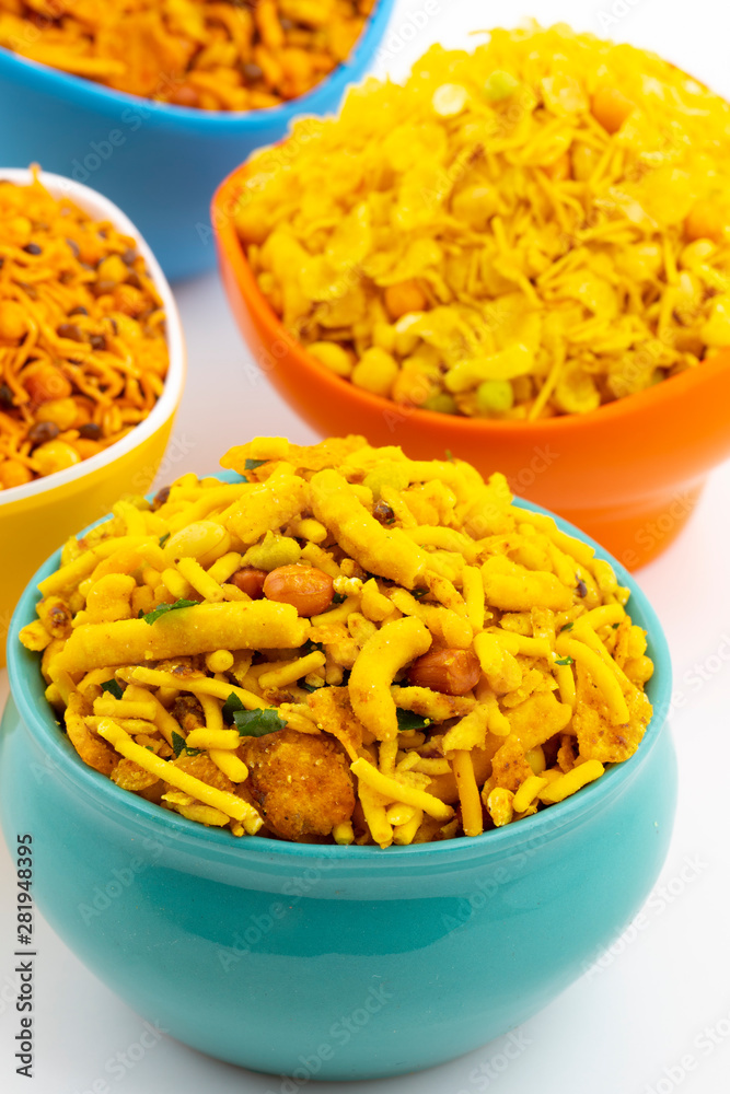 Indian Traditional Namkeen Food on White Background Indian Traditional Namkeen Food on White Background